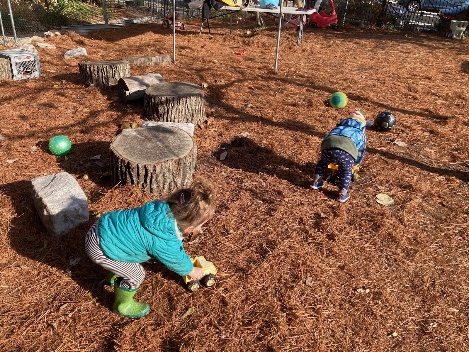 Toddlers pushing vehicles through the pine straw in the outdoor play-yard. Balls and tree stump pieces for sitting and climbing are scattered nearby.